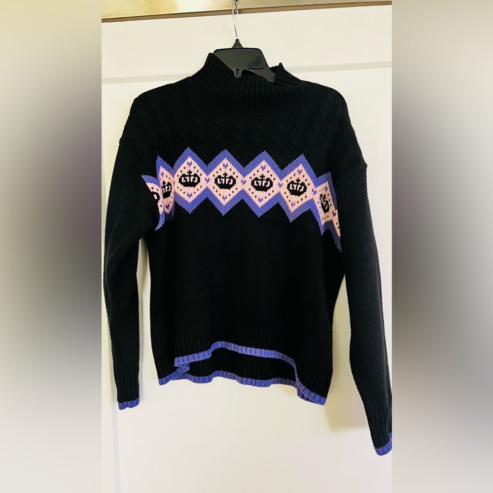 Juicy Couture Black Sweater with Purple and Pink Crown Pattern